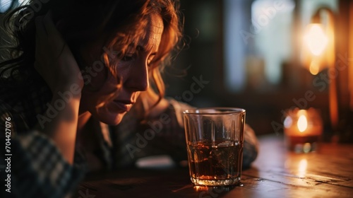 A depressed country woman is addicted to whiskey alone at home.