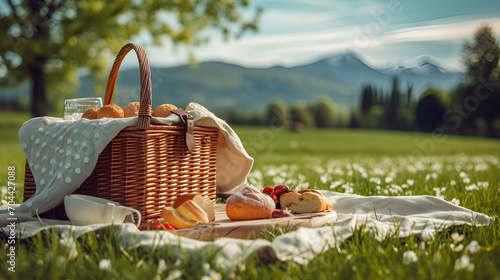 A picnic basket against the backdrop of the landscape, generative ai