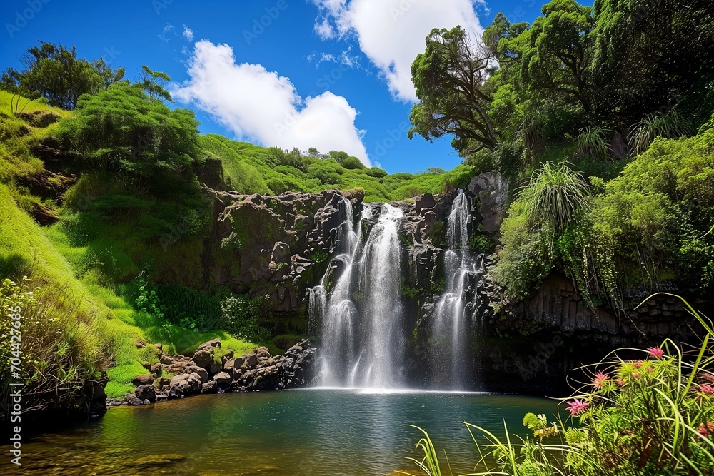 Fototapeta premium A majestic waterfall cascading into a crystal-clear pool, surrounded by lush greenery and vibrant wildflowers under a bright blue sky