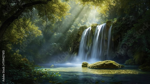 Panoramic beautiful deep forest waterfall 