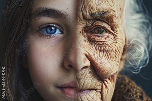 A face, half young girl and half elderly , aging concept photo