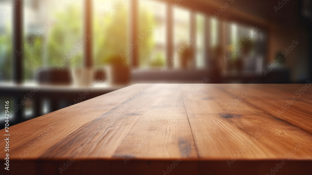 Warm sunlight streaming through a cafe window, highlighting the texture of an empty wooden table, perfect for a product display. Warm sunlight streaming through a cafe window, highlighting the texture of an empty wooden table, perfect for a product display.