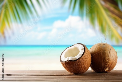 Coconuts on wooden table on tropical beach background with copy space 