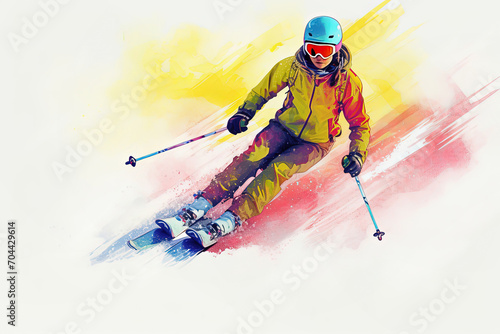 Energetic woman skiing, watercolor style neon illustration