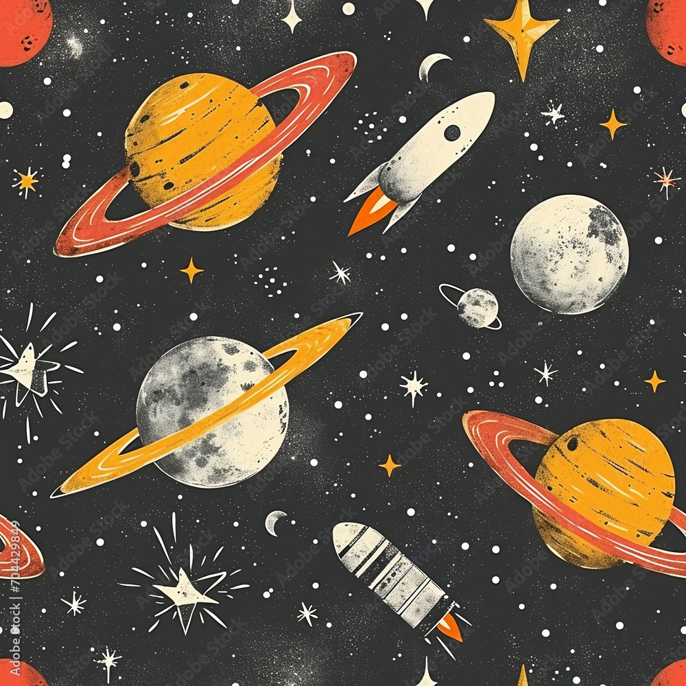 Naklejka premium Cartoon seamles pattern space galaxy rocket s illustration in playful style Generative AI