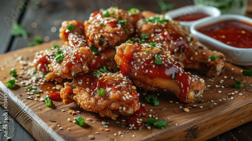 american food Fried chicken wings with ketchup and sesame sauce