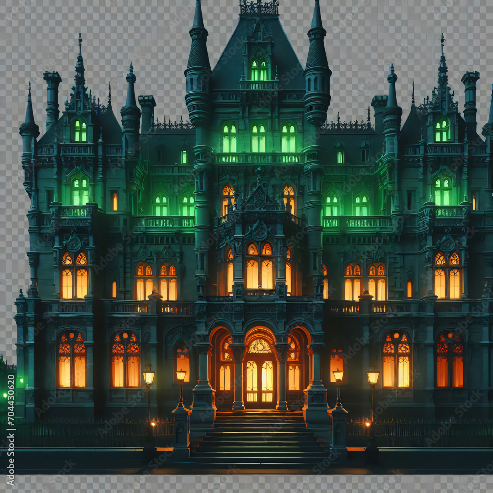 A majestic castle with Gothic elements, illuminated by green and orange lights. The castle has many towers and spires, windows and balconies. The main entrance of the castle. Generative AI