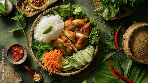 Boiled Chicken with Pickled Onions and Vietnamese Spring Rolls photo