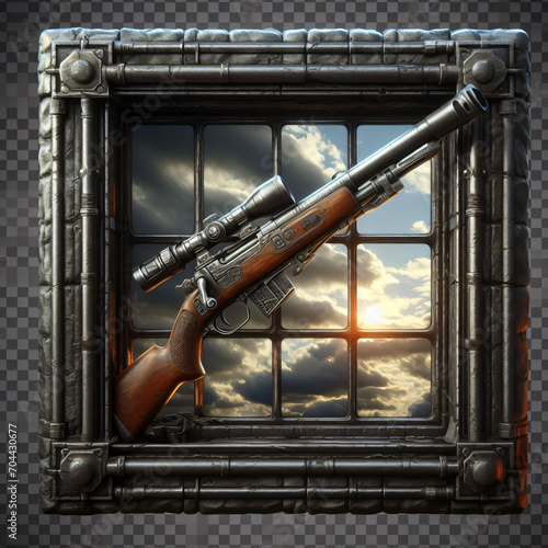 A rifle lying on a patterned window. The window has a dark metallic or stone design, with a cloudy sky at sunset or sunrise visible through it. The rifle has a wooden buttstock and metal,Generative AI photo