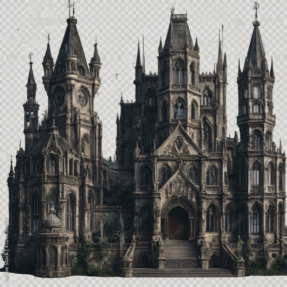 majestic and intricately designed gothic cathedral, with its towering spires, detailed carvings, and grand stairway entrance evoking a sense of awe and mystery. The dark tones. Generative AI