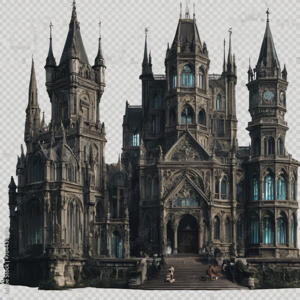 saint cathedral city,majestic and intricately designed gothic cathedral, with its towering spires, detailed carvings, and grand stairway entrance evoking a sense of awe and mystery. Generative AI