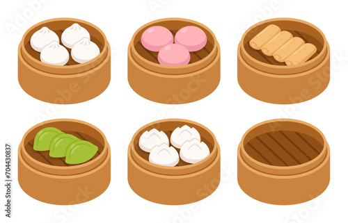 Dim sum, traditional Chinese dumplings, in bamboo steamer baskets. Spring rolls, potstickers, bao buns. Asian food vector illustration, cartoon drawing set.