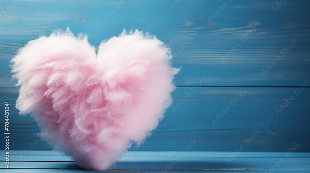 cute sweet cotton candy in heart shape on blue wooden background cute sweet cotton candy in heart shape on blue wooden background