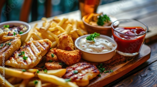 French fries  grilled meat and fish  chicken nuggets  spicy fries  ketchup and mayonnaise on a wooden board.