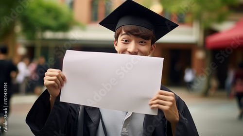 Cheerful asian graduate student in graduate cap holding a blank paper sheet in front of him for college or university graduation banner, poster, placard or broadsheet