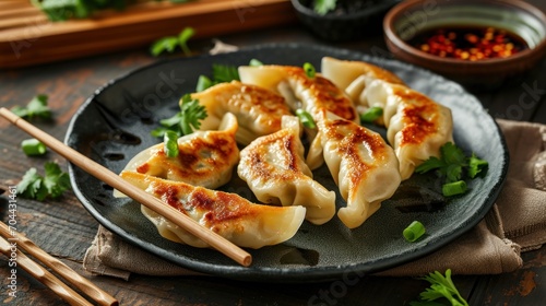 Korean-Japanese gyoza on a gray plate on the table
