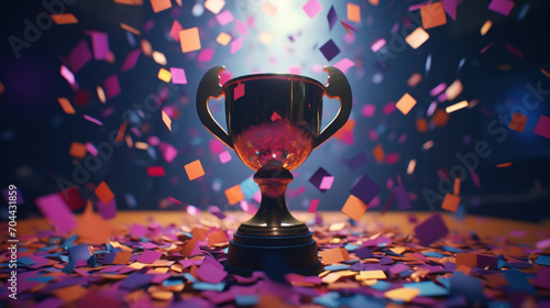 An elegant trophy silhouette stands against a dark background, highlighted by vibrant confetti, a metaphor for triumphant moments.