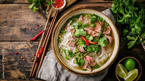Bun Bo Hue Beef and Noodle Soup Bowl, Traditional Vietnamese Style