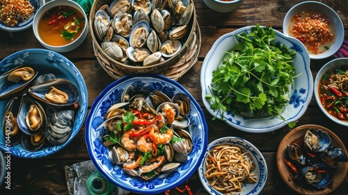 Grilled clams, mussels in a delicious dipping sauce