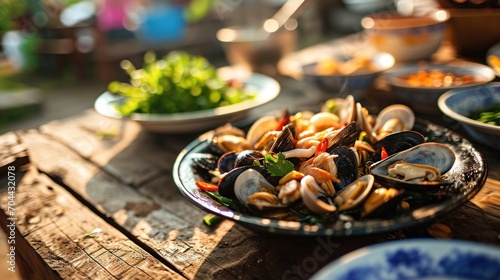 Grilled clams, mussels in a delicious dipping sauce