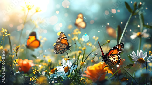bright colorful image of flower with butterfly flying around.  © Micro