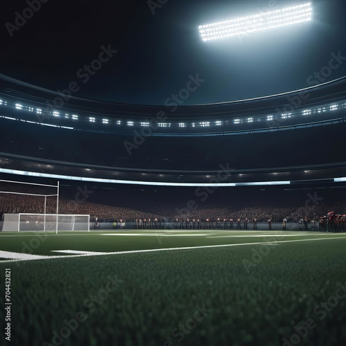American football arena with yellow goal post, grass field and blurry fans on the court. Concept of active sport, football, championship, match, play space © Perecciv