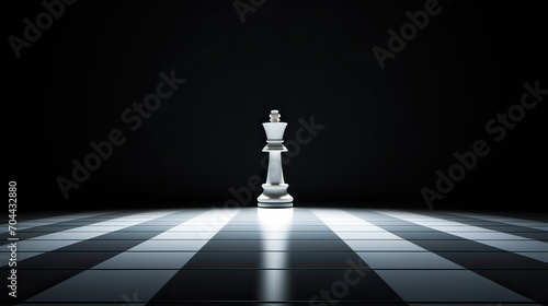 A minimalist design of a chessboard with a single queen piece in the spotlight, symbolizing strategic and powerful leadership Ai Generative