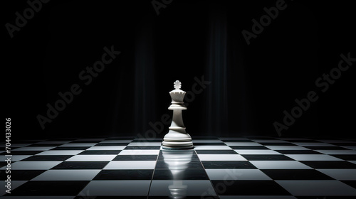 A minimalist design of a chessboard with a single queen piece in the spotlight, symbolizing strategic and powerful leadership Ai Generative