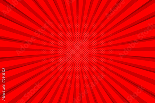 Pop art red comics book background. Red rays background