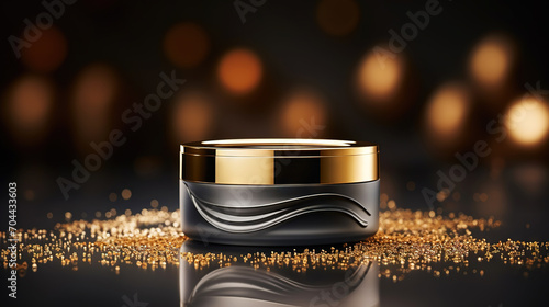 Minimalistic image of a jar of cream in studio lighting. Luxurious dark gold metallic color. Generative AI photo