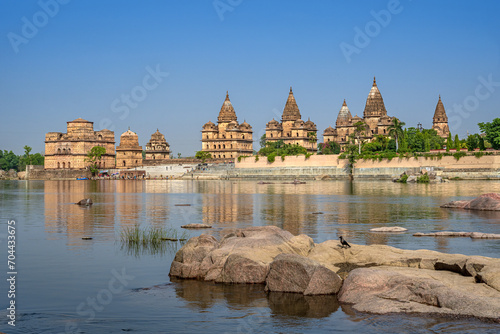 Orchha, India - 02 June 2022 - Royal Chhatris or Cenotaphs are the historical monuments situated on the banks of River Betwa in Orchha, Madhya Pradesh, India.