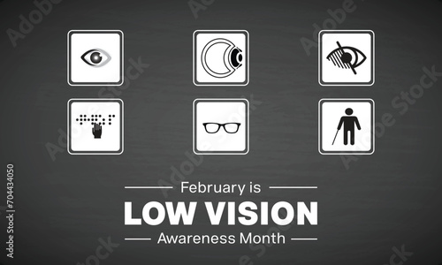 Low Vision Awareness Month design. It features elements of low vision symbol such as eye ball, cataract, glasses, braille and walking stick. Vector illustration