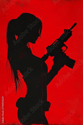 silhouette of a woman with a gun, in the style of comics, piratepunk, crimson red, black. generative AI