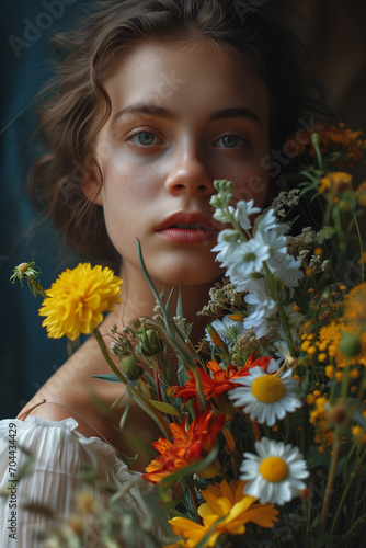  Beautiful girl holding a large bouquet her face