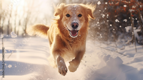 Happy golden retriever dog running and playing in the snow during winter © moon