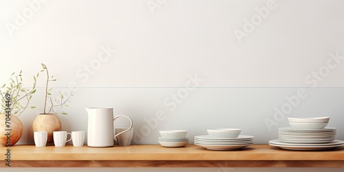 Kitchen with clean tableware.