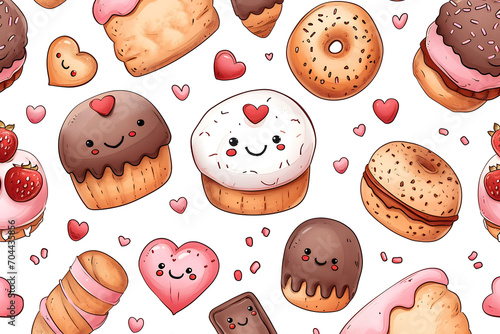 Cartoon style illustration of cute pastries, cupcakes, and desserts with smiling faces, icons on white background, Generative AI