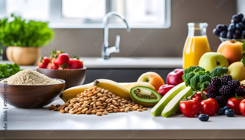 Healthy food from fruits, vegetables, grains, nuts and superfoods, dietary and balanced vegetarian products with a view on the kitchen countertop,