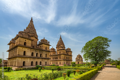 Orchha, India - 02 June 2022 - Royal Chhatris or Cenotaphs are the historical monuments situated on the banks of River Betwa in Orchha, Madhya Pradesh, India.