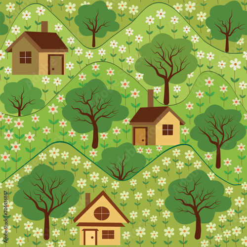 Beautiful houses on green hills with flowers fields and trees seamless pattern. For wallpaper, fabric and textile 