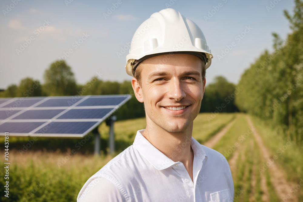 Portrait of confident male caucasian solar energy engineer with white helmet, solar panels and greenery in background, located in Netherlands, Dutch, Europe Portrait of confident male caucasian solar energy engineer with white helmet, solar panels and greenery in background, located in Netherlands, Dutch, Europe