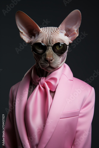 Fashion beauty Sphinx cat is wearing modern clothes. cat in fashionable clothes poses like a human