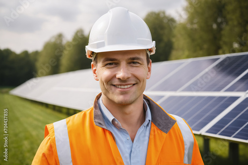 Portrait of confident male caucasian solar energy engineer with white helmet, solar panels and greenery in background, located in Netherlands, Dutch, Europe