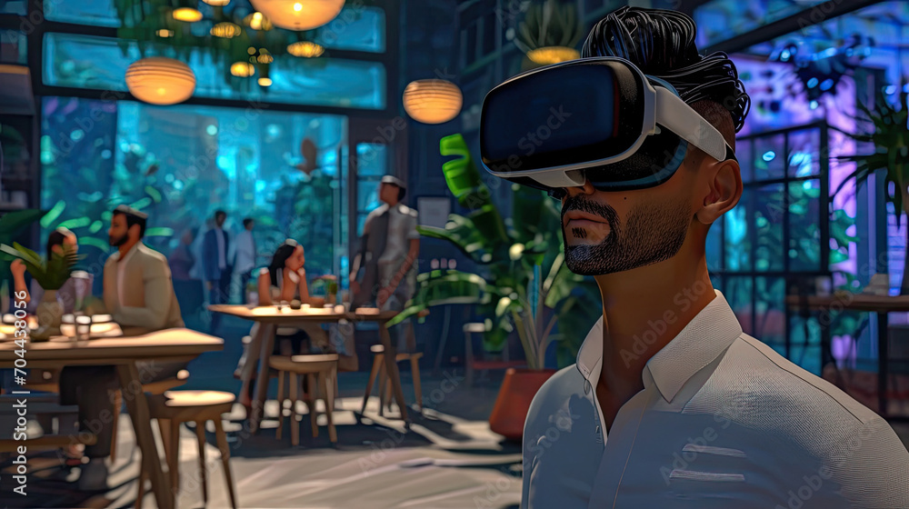 A man is wearing a virtual reality headset in a restaurant, surrounded by bright colours that suggest a futuristic setting. A man is wearing a virtual reality headset in a restaurant, surrounded by bright colours that suggest a futuristic setting.