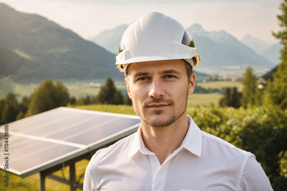Portrait of confident male solar energy engineer with white helmet, solar panels and greenery in background, located in Austria, Europe Portrait of confident male solar energy engineer with white helmet, solar panels and greenery in background, located in Austria, Europe