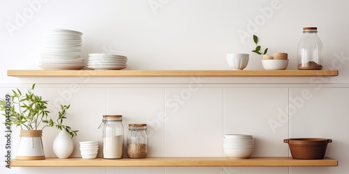 Scandinavian style kitchen interior with white decor  wooden shelf displaying ceramic tableware  rustic glass details.