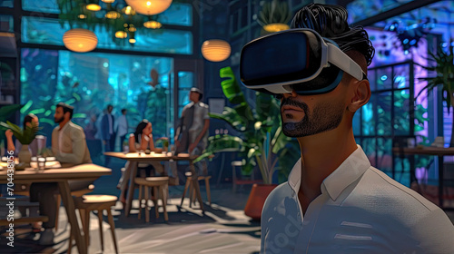 A man is wearing a virtual reality headset in a restaurant, surrounded by bright colours that suggest a futuristic setting.