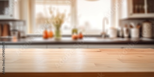 Blurred kitchen counter with empty table space