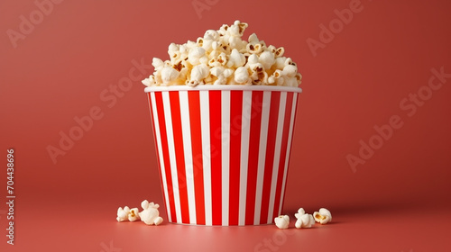 paper stripe bucket with popcorn isolated on red background
