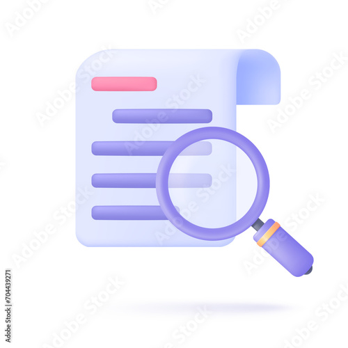 Magnifying glass examining financial document slips. 3D vector illustration.